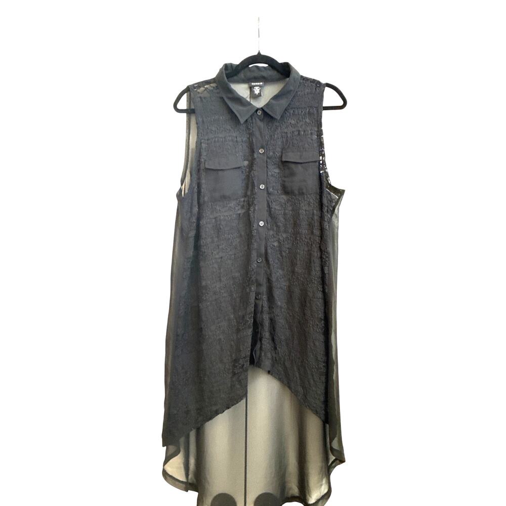 Torrid Sheer Black Collar Button Down Floral Lace High-Low Sleeveless Blouse